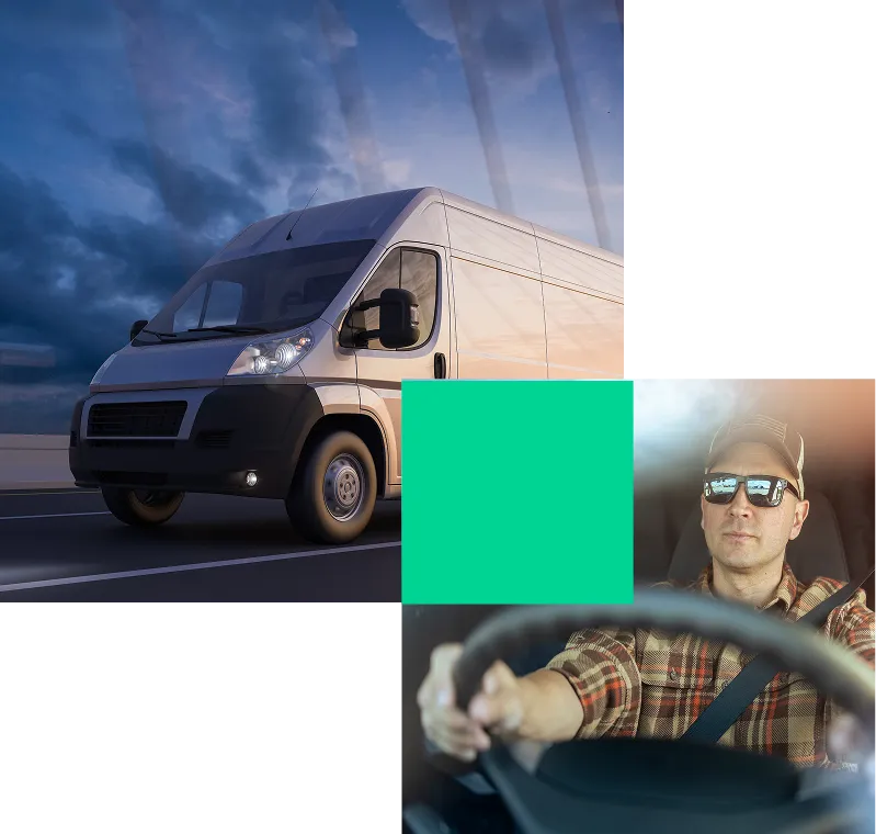 Van on highway, green block, driver behind wheel