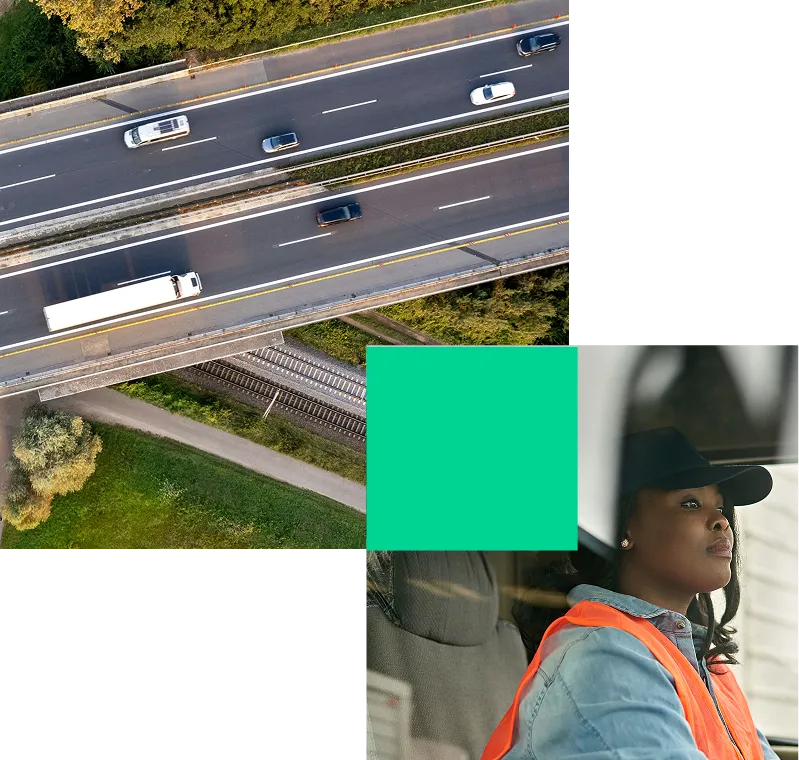 Aerial view of cars on highway, color block and  closeup of woman driving a truck