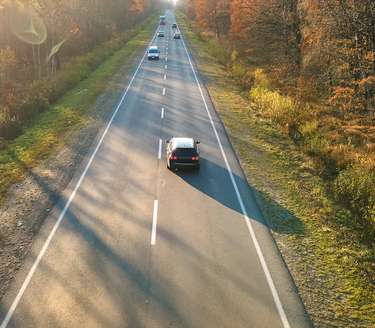 Aerial view cars on 2-lane road