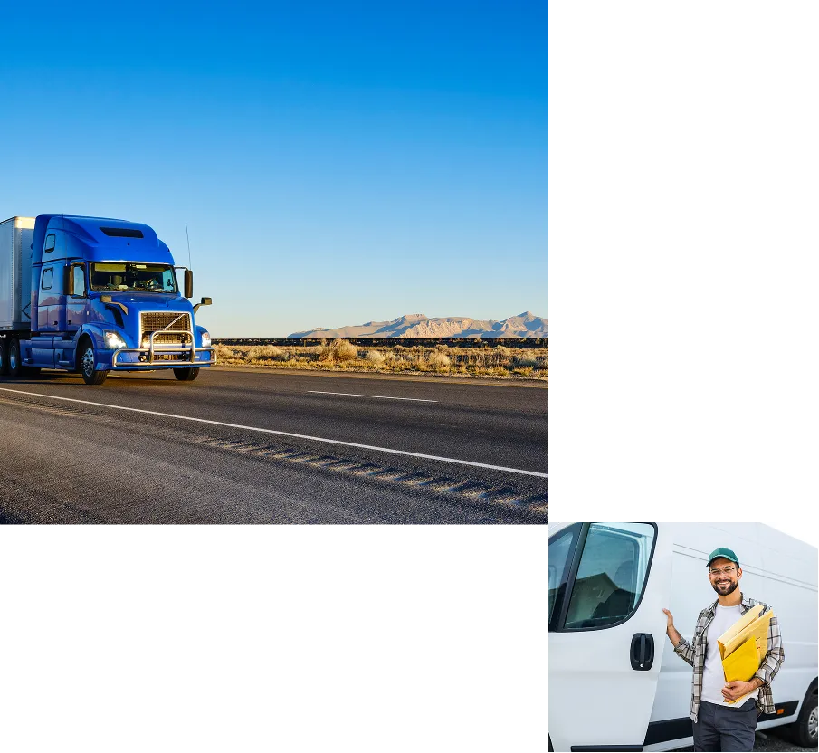 Picture of blue truck on road with smaller picture of driver outside white truck